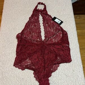 Elegant Lace Halter Bodysuit - Red